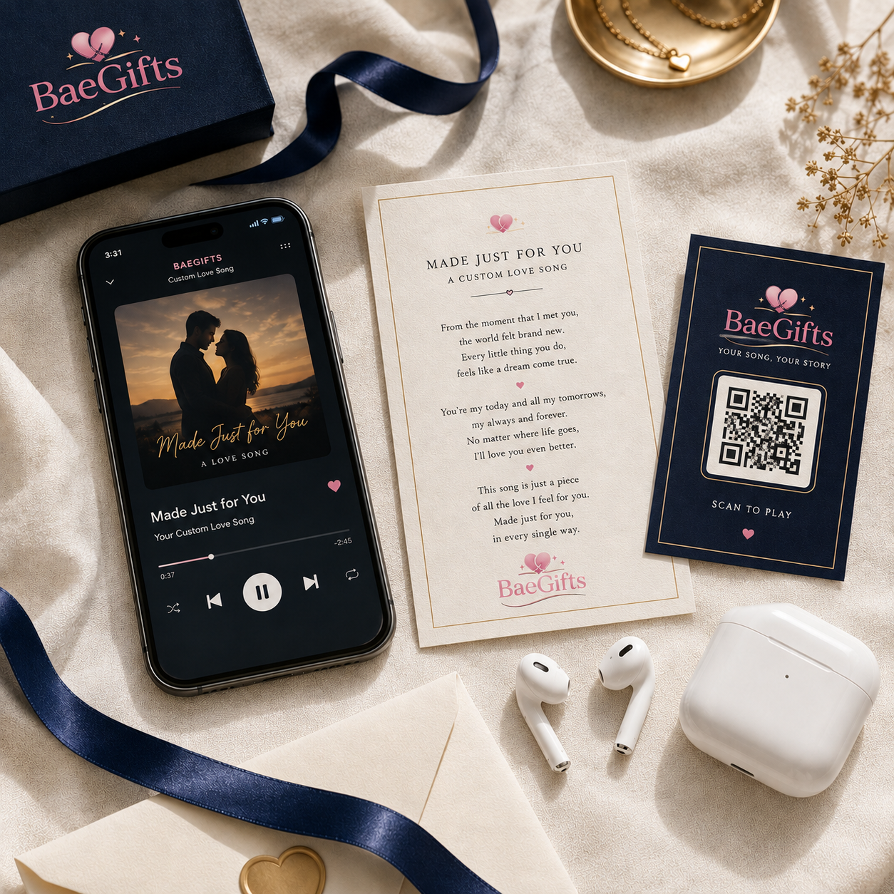 BaeMelody song delivery: phone, lyrics card, QR code, and earbuds