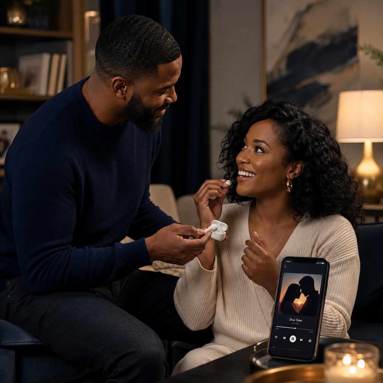 Couple listening to their love song together with earbuds