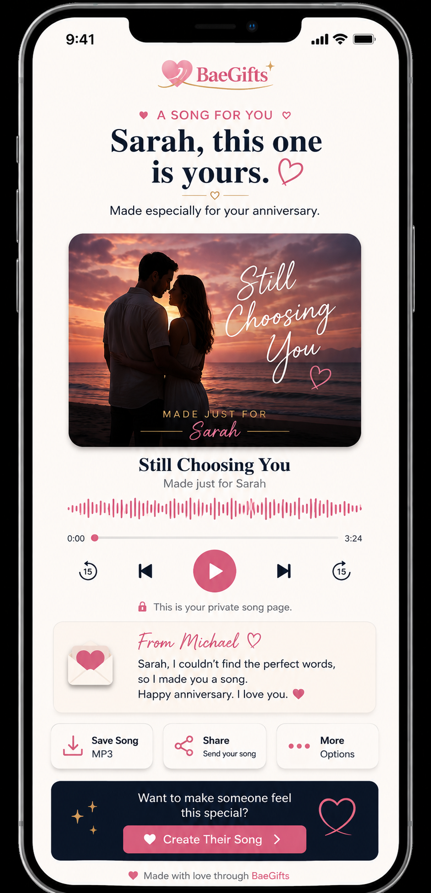 BaeMelody personalized song page on a phone — Soft Light theme